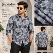 Piploy Men's Grey & Black Printed Unstitched Shirt Fabric – Leaf & Geometric Design - Image 2