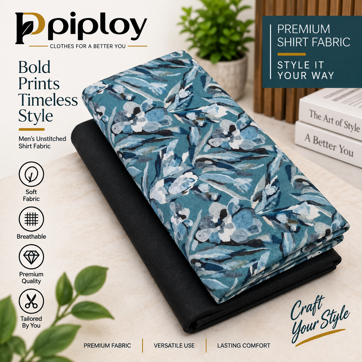 ChatGPT Image Sep 20, 2026, 03_21_32 PM Piploy Men's Teal Blue Floral Printed Unstitched Shirt Fabric with Black Contrast - Image 1