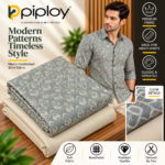 Piploy Men's Grey & Beige Geometric Printed Unstitched Shirt Fabric