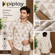 Piploy Men's Beige & Brown Geometric Printed Unstitched Shirt Fabric - Image 2
