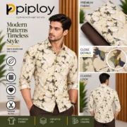 Piploy Men's Beige Floral Printed Unstitched Shirt Fabric with Brown Contrast Fabric - Image 2