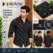 Piploy Men's Black Printed Unstitched Shirt Fabric with Cream Contrast - Image 2