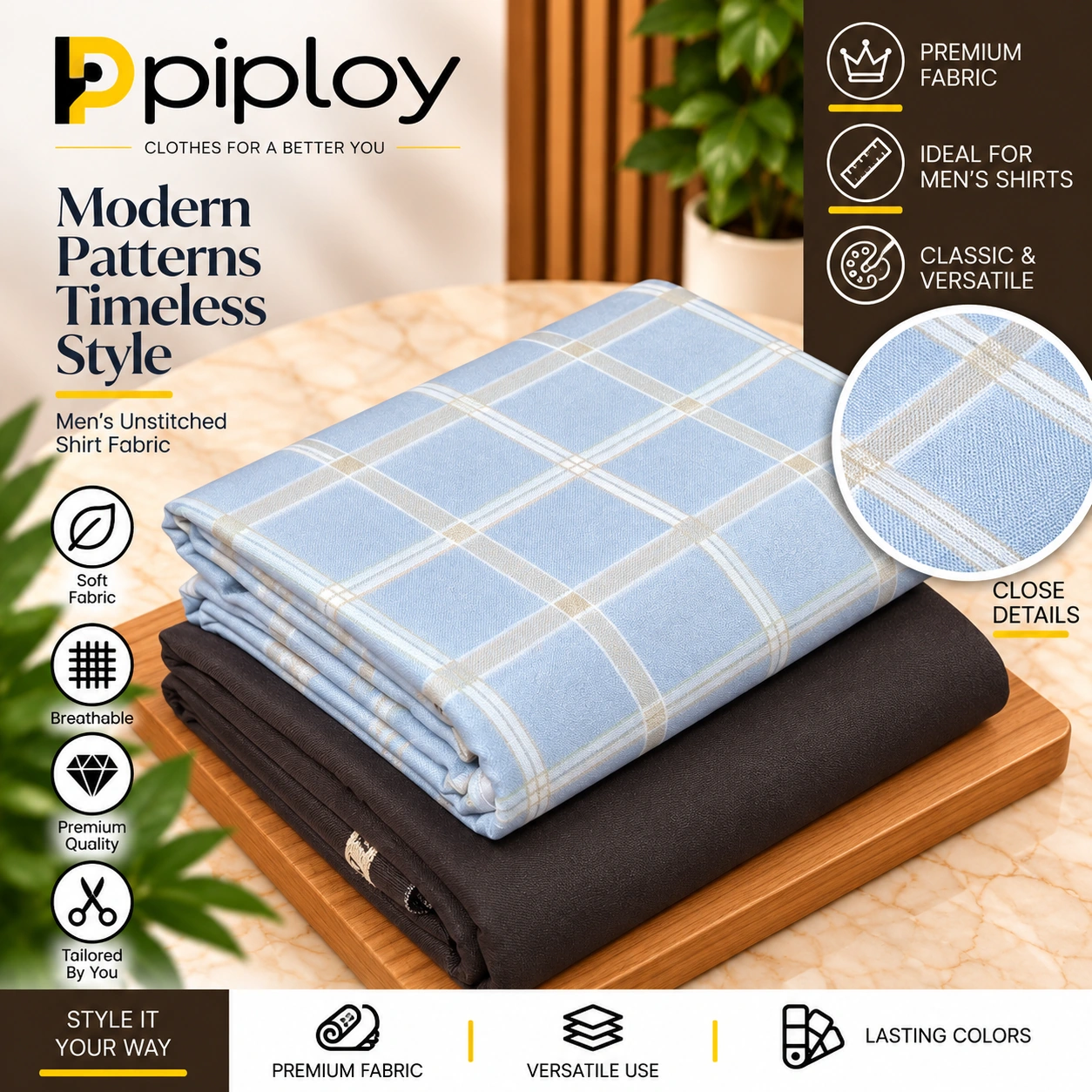 piploy-blue-check-cover Piploy Men's Light Blue Check Unstitched Shirt Fabric with Dark Brown Contrast - Image 1