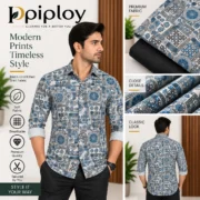Piploy Men's Blue & Grey Mosaic Geometric Printed Unstitched Shirt Fabric - Image 2