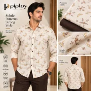 Piploy Men's Cream Floral Printed Unstitched Shirt Fabric with Brown Contrast - Image 2