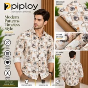 Piploy Men's Cream & Tan Abstract Printed Unstitched Shirt Fabric - Image 2