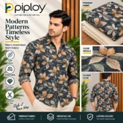 Piploy Men's Charcoal Floral Printed Unstitched Shirt Fabric with Beige Contrast - Image 2
