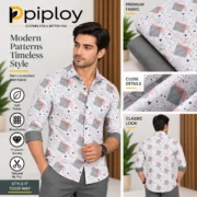 Piploy Men's White Geometric Printed Unstitched Shirt Fabric with Grey Contrast - Image 2