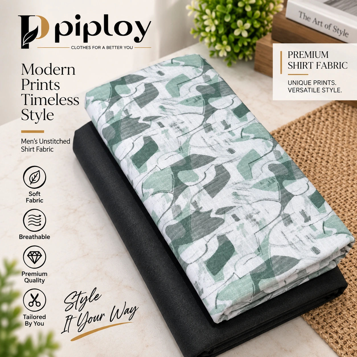piploy-green-abstract-unstitched-shirt-fabric-cover Piploy Men's White & Sage Green Abstract Printed Unstitched Shirt Fabric - Image 1