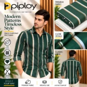 Piploy Men's Dark Green Striped Unstitched Shirt Fabric – White & Beige Stripe Design - Image 2
