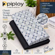 Piploy Men's White, Grey & Navy Geometric Printed Unstitched Shirt Fabric