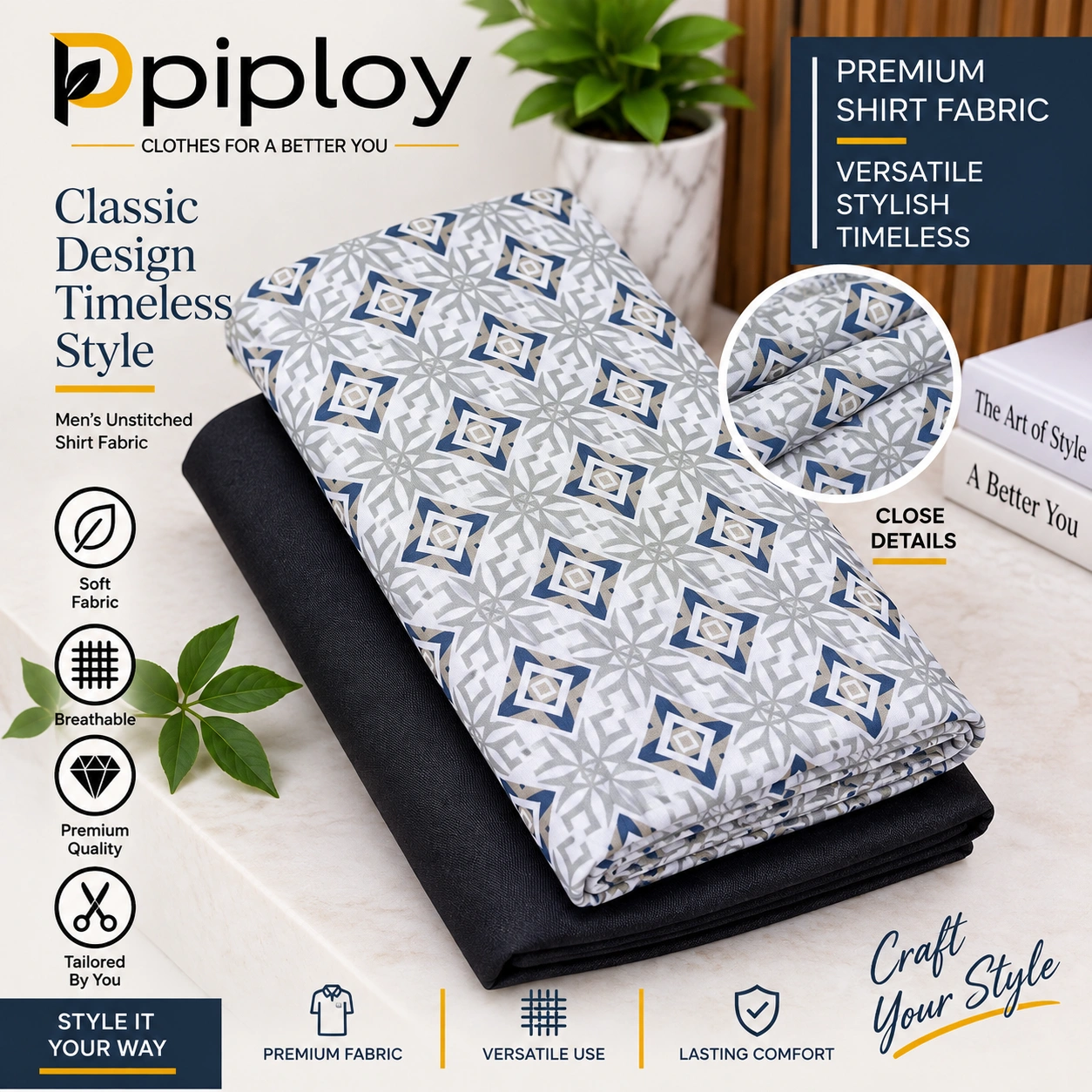 piploy-grey-blue-geometric-cover Piploy Men's White, Grey & Navy Geometric Printed Unstitched Shirt Fabric - Image 1