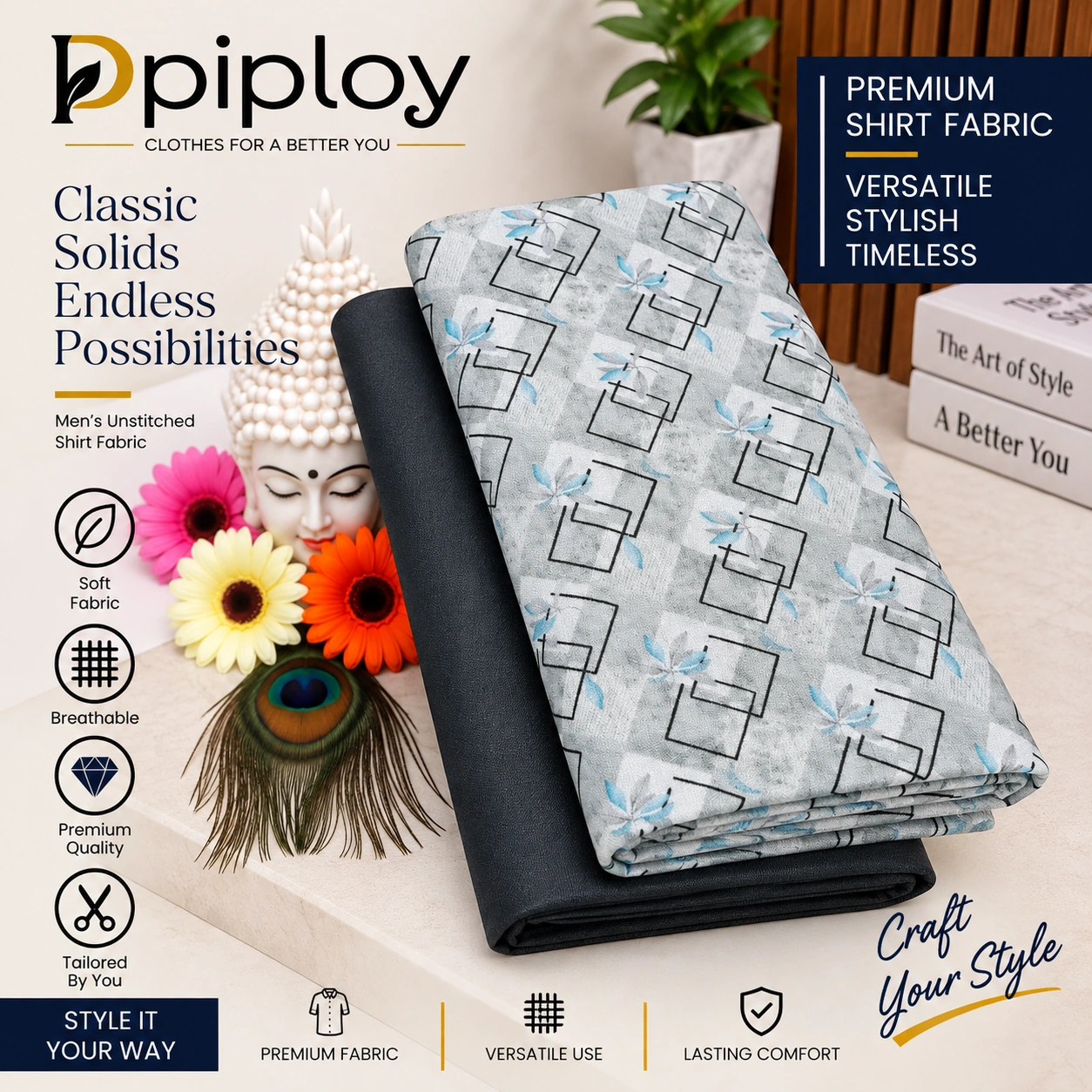 piploy-grey-blue-geometric-shirt-fabric-cover Piploy Men's Light Grey & Blue Geometric Printed Unstitched Shirt Fabric - Image 1