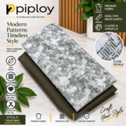 Piploy Men's White & Olive Abstract Geometric Printed Unstitched Shirt Fabric