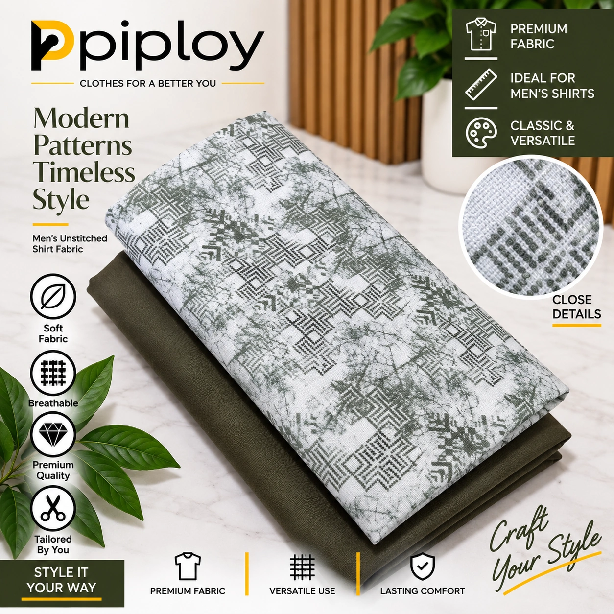 piploy-grey-olive-abstract-geometric-cover Piploy Men's White & Olive Abstract Geometric Printed Unstitched Shirt Fabric - Image 1