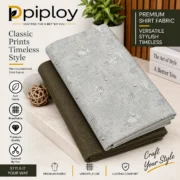 Piploy Men's Light Grey Printed Unstitched Shirt Fabric with Olive Brown Contrast