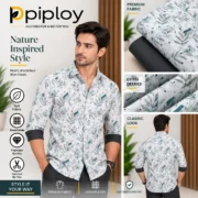Piploy Men's White & Sage Green Leaf Printed Unstitched Shirt Fabric - Image 2