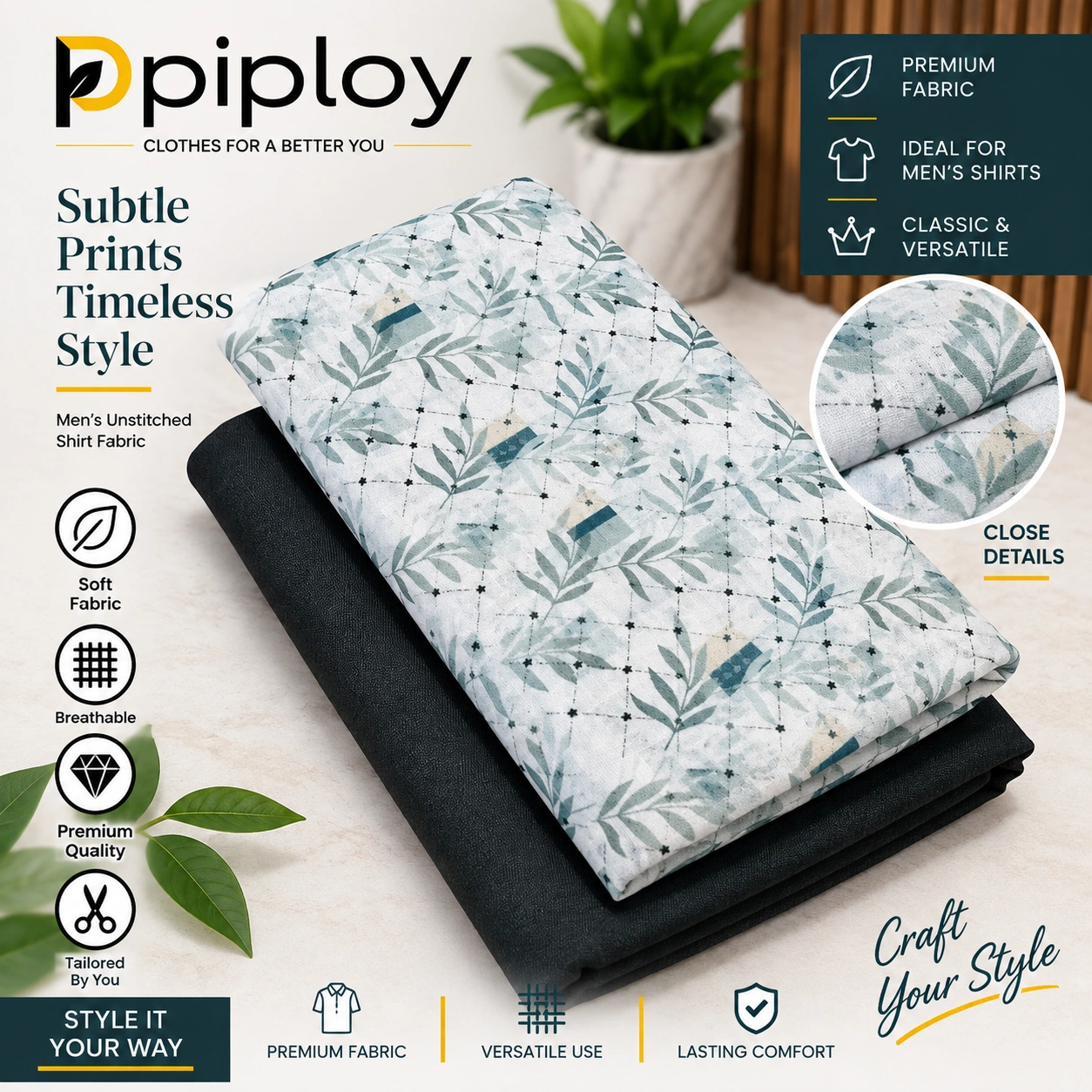 piploy-leaf-print-shirt-fabric-cover Piploy Men's White & Sage Green Leaf Printed Unstitched Shirt Fabric - Image 1