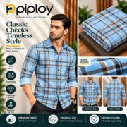 Piploy Men's Light Blue & Brown Checkered Unstitched Shirt Fabric – Classic Plaid Design - Image 2