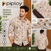 Piploy Men's Beige & Brown Printed Unstitched Shirt Fabric – Geometric Floral Pattern - Image 2