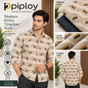Piploy Men's Beige & Charcoal Geometric Printed Unstitched Shirt Fabric - Image 2