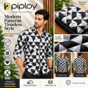 Piploy Men's Black & White Geometric Print Unstitched Shirt Fabric - Image 2