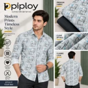 Piploy Men's Light Grey & Blue Geometric Printed Unstitched Shirt Fabric - Image 2