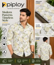 Piploy Men's Ivory & Olive Geometric Printed Unstitched Shirt Fabric - Image 2