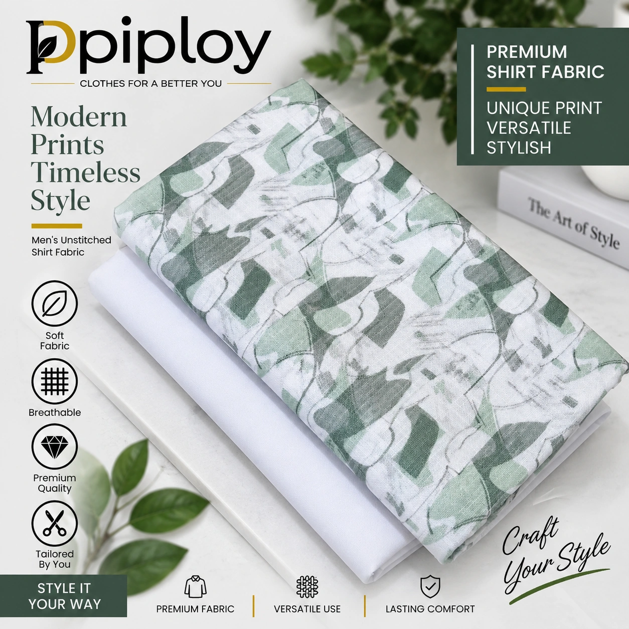 piploy-sage-green-abstract-shirt-fabric-cover Piploy Men's Sage Green Abstract Print Unstitched Shirt Fabric - Image 1