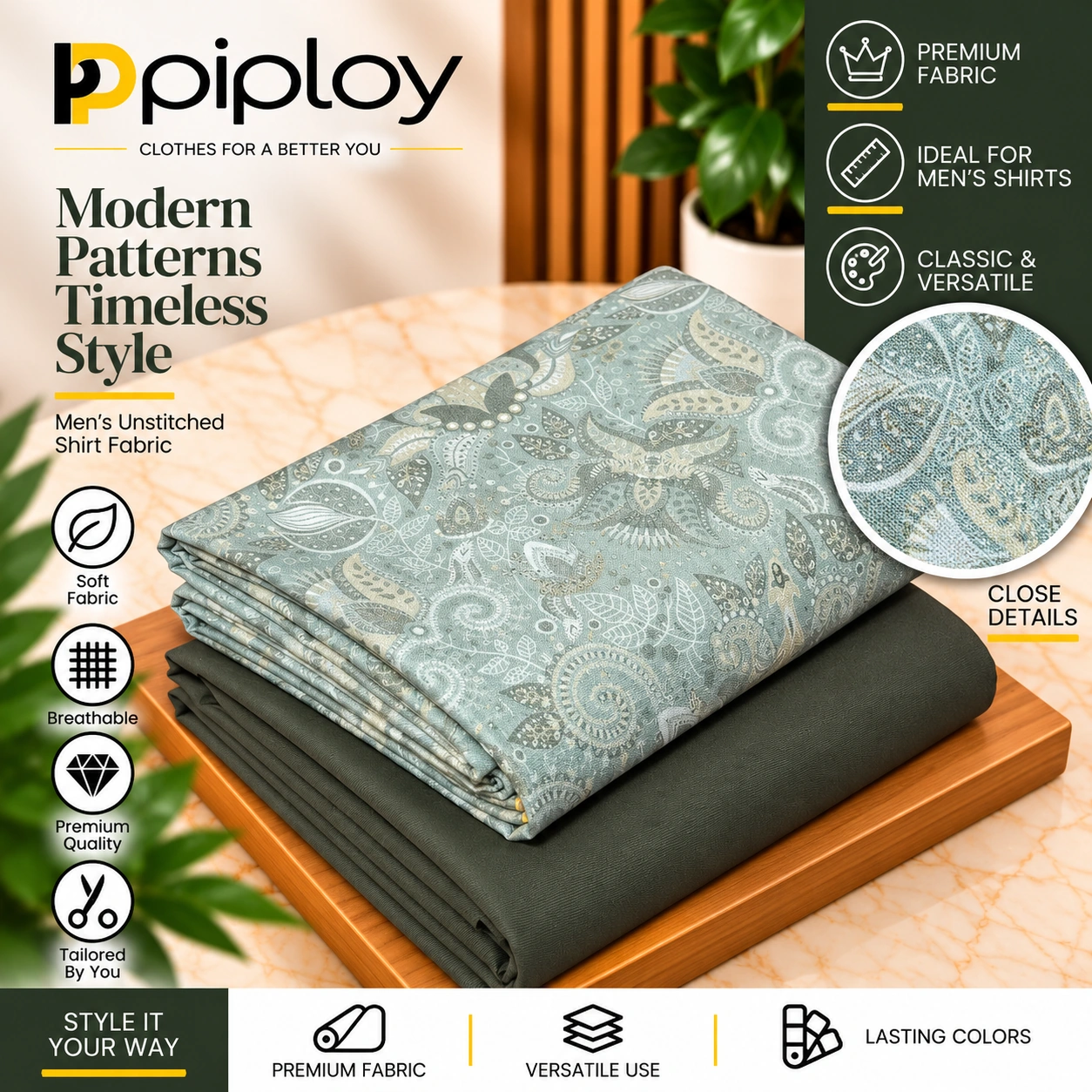 piploy-sage-paisley-cover Piploy Men's Sage Green Paisley Printed Unstitched Shirt Fabric - Image 1