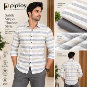 Piploy Men's White Grey & Beige Striped Unstitched Shirt Fabric with Grey Contrast - Image 2
