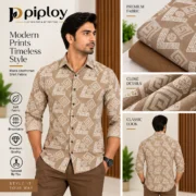 Piploy Men's Tan Brown Geometric Print Unstitched Shirt Fabric - Image 2