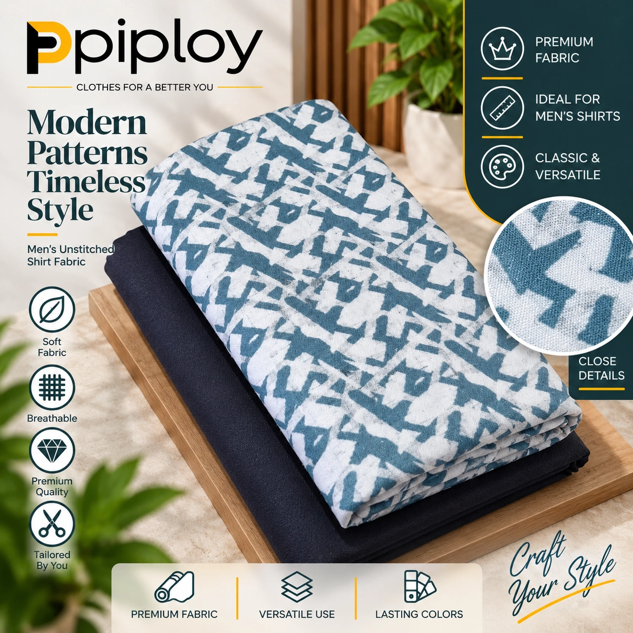 piploy-teal-blue-cover Piploy Men's Teal Blue & White Abstract Printed Unstitched Shirt Fabric with Navy Contrast - Image 1