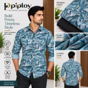 Piploy Men's Teal Blue Floral Printed Unstitched Shirt Fabric with Black Contrast - Image 2