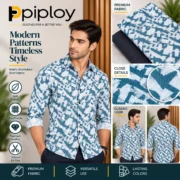 Piploy Men's Teal Blue & White Abstract Printed Unstitched Shirt Fabric with Navy Contrast - Image 2