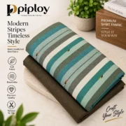 Piploy Men's Teal & Olive Striped Unstitched Shirt Fabric with Brown Contrast