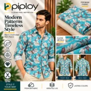 Piploy Men's Turquoise Blue & Beige Leaf Print Unstitched Shirt Fabric - Image 2
