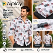Piploy Men's White Geometric Printed Unstitched Shirt Fabric with Black Contrast - Image 2