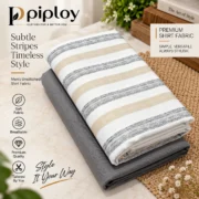 Piploy Men's White Grey & Beige Striped Unstitched Shirt Fabric with Grey Contrast