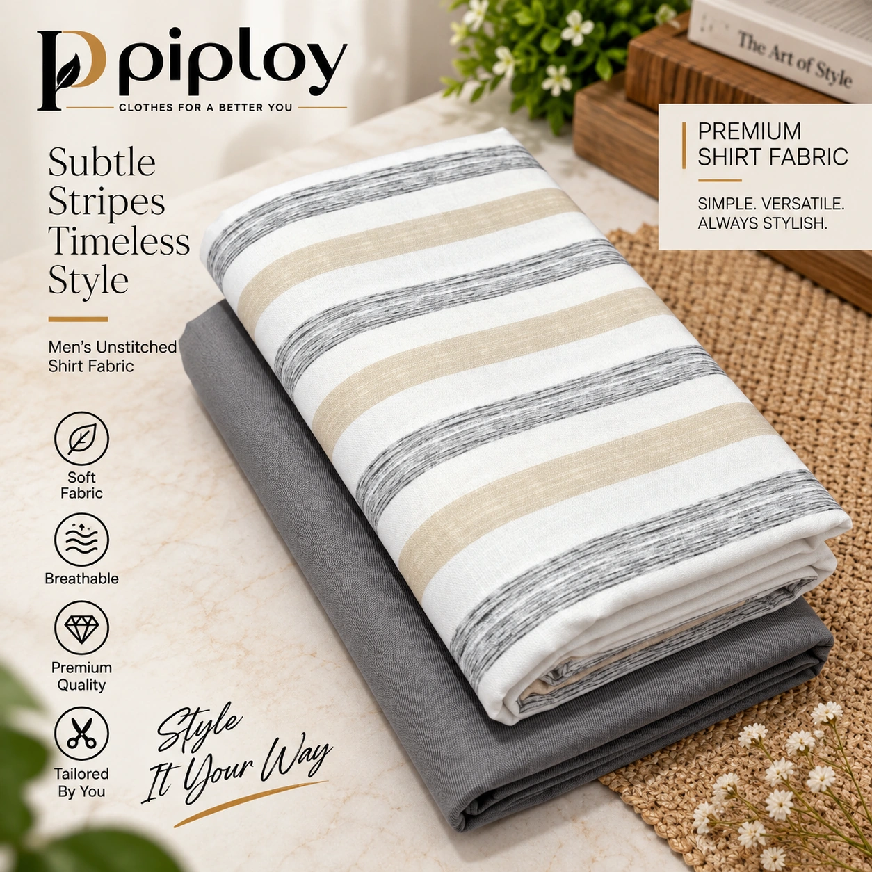 piploy-white-grey-beige-striped-shirt-fabric-cover Piploy Men's White Grey & Beige Striped Unstitched Shirt Fabric with Grey Contrast - Image 1