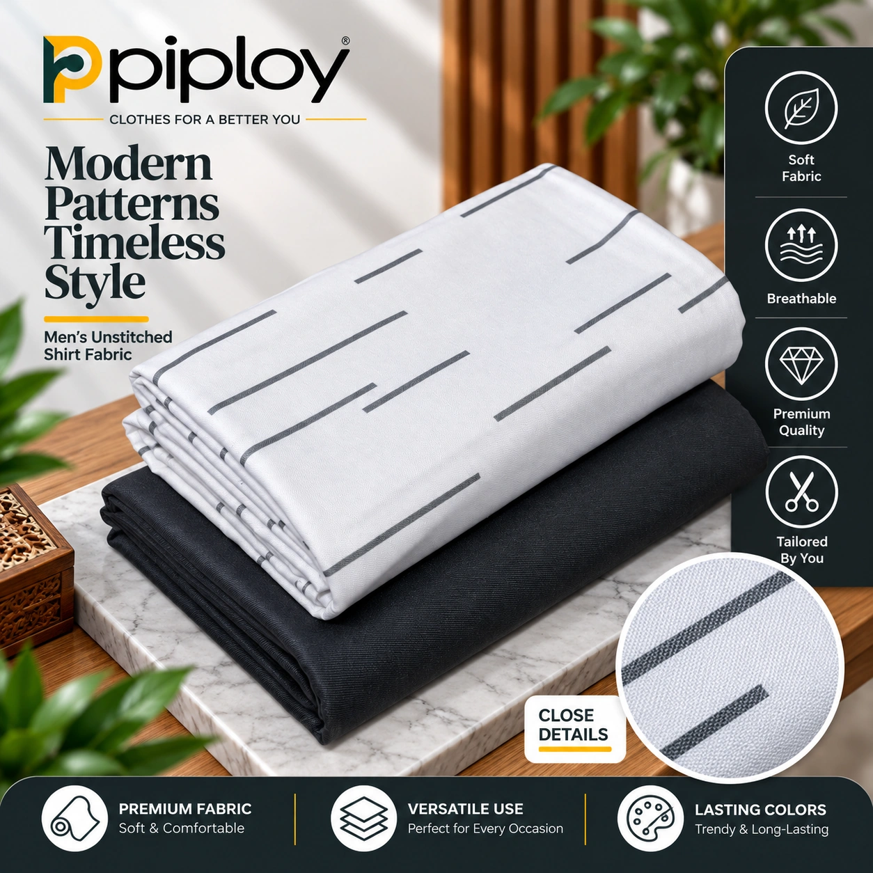 piploy-white-grey-line-cover Piploy Men's White & Charcoal Grey Printed Unstitched Shirt Fabric – Minimal Line Pattern - Image 1