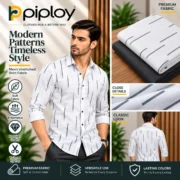 Piploy Men's White & Charcoal Grey Printed Unstitched Shirt Fabric – Minimal Line Pattern - Image 2
